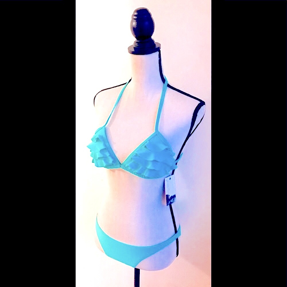 Turquoise Ruffle Bikini Swimsuit: Layered Ruffled Triangle Top, Sz. XS-NWT - Picture 2 of 6